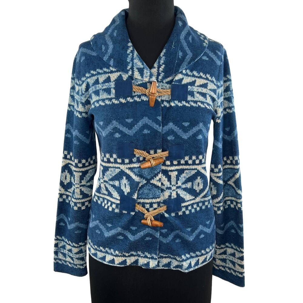 LRL Ralph Lauren Blue White Aztec Toggle Southwest Sweater Down Jacket Top Sz M